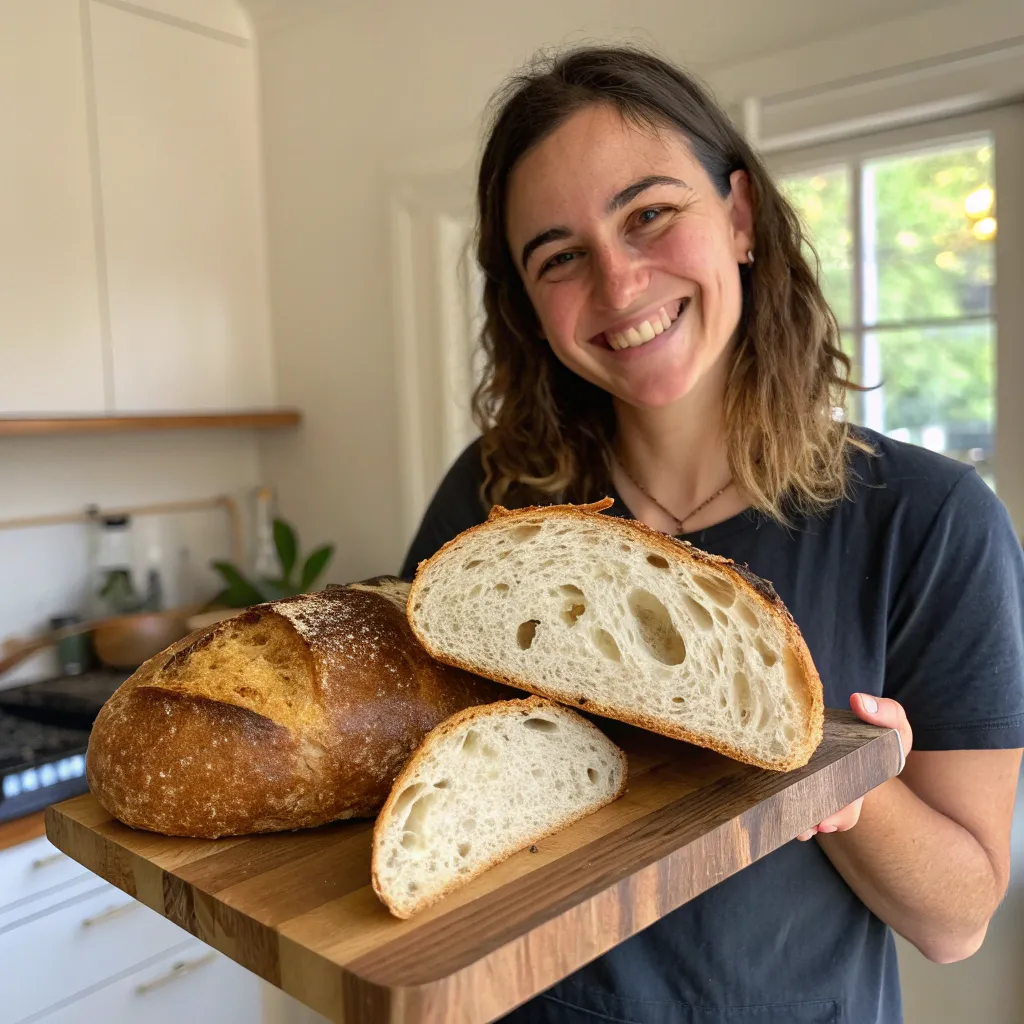 Emily Carter showcasing her homemade sourdough bread