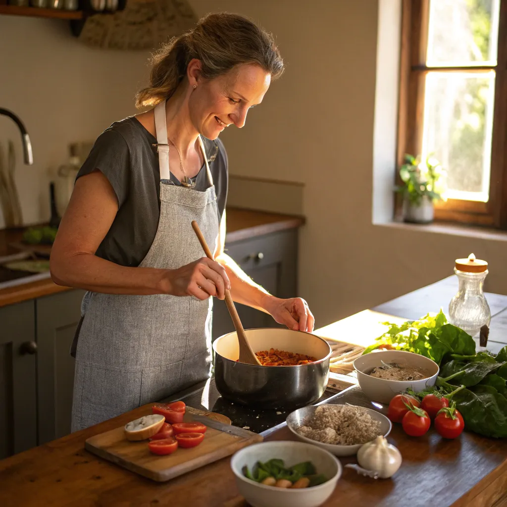 Sarah Bennett cooking an Italian dish in her kitchen